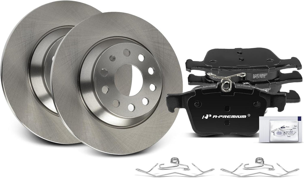 A-Premium 11.81 inch (300mm) Rear Solid Disc Brake Rotors + Ceramic Pads Kit Compatible with Select Volkswagen and Audi Models - Jetta 2019-2023, Golf, Tiguan, Q3, TT Quattro, Arteon, 6-PC Set