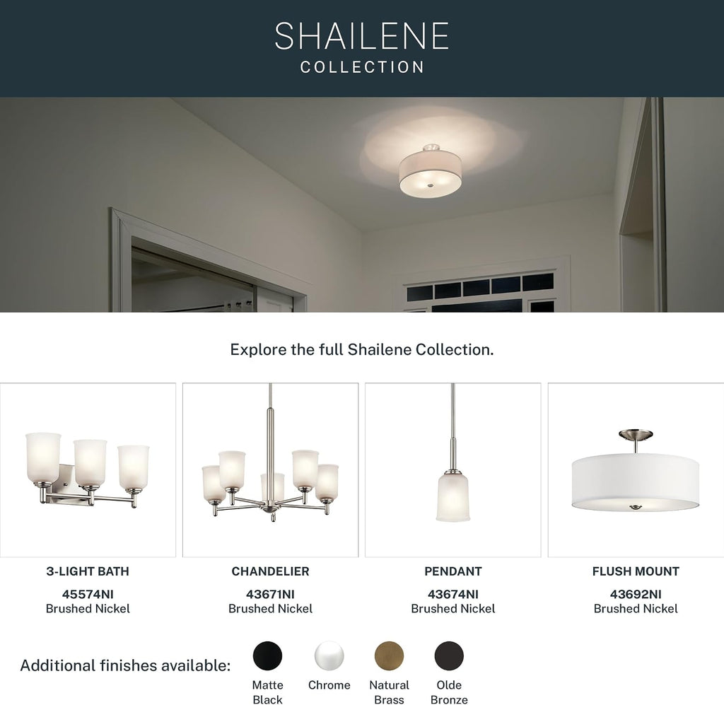 Kichler Shailene 14' 3-Light Semi Flush Mount Ceiling Light Fixture with Satin Etched White Diffuser and White Microfiber Shade in Brushed Nickel for Bathroom or Bedroom, 43675NI
