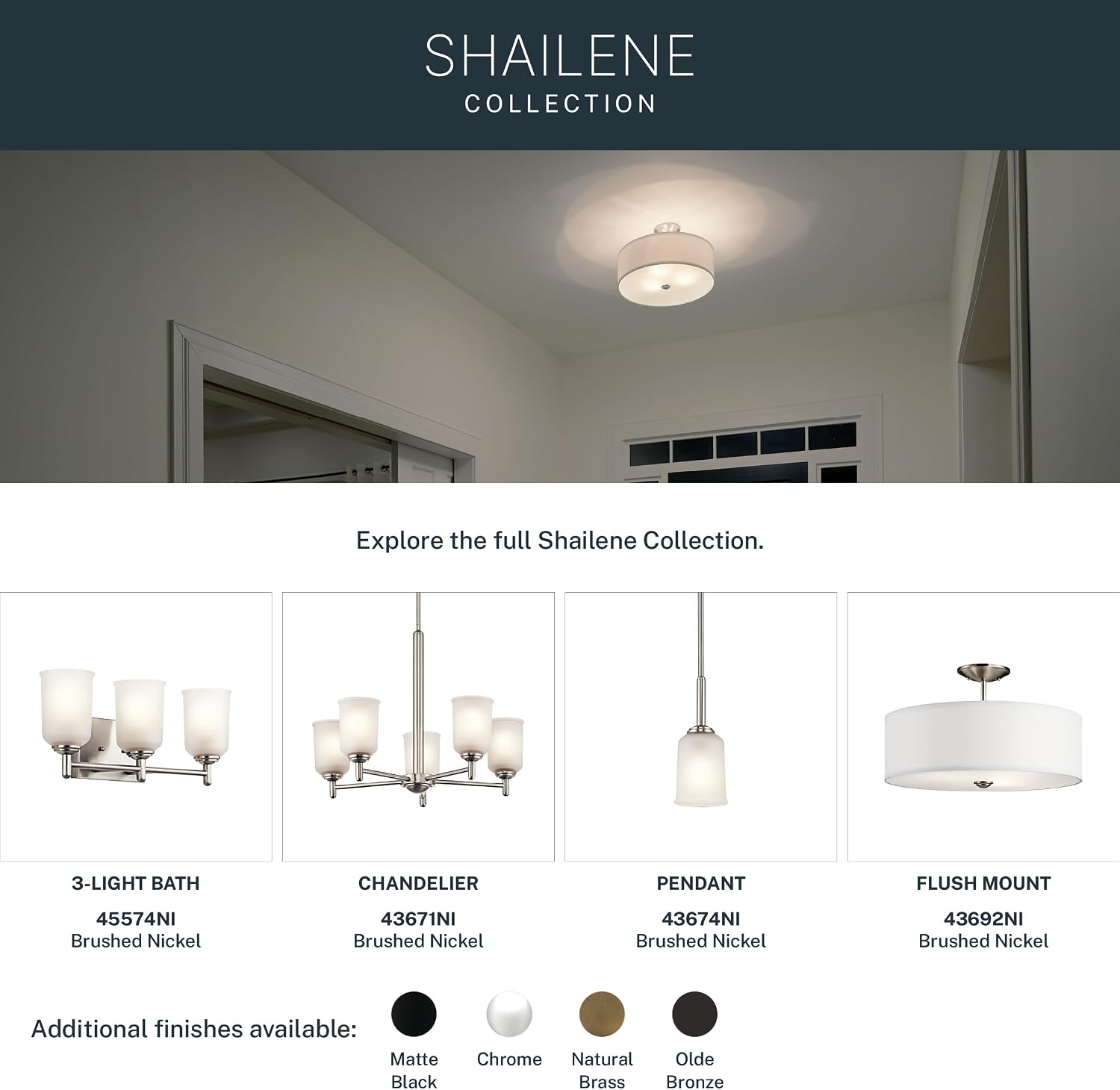 Kichler Shailene 14' 3-Light Semi Flush Mount Ceiling Light Fixture with Satin Etched White Diffuser and White Microfiber Shade in Brushed Nickel for Bathroom or Bedroom, 43675NI