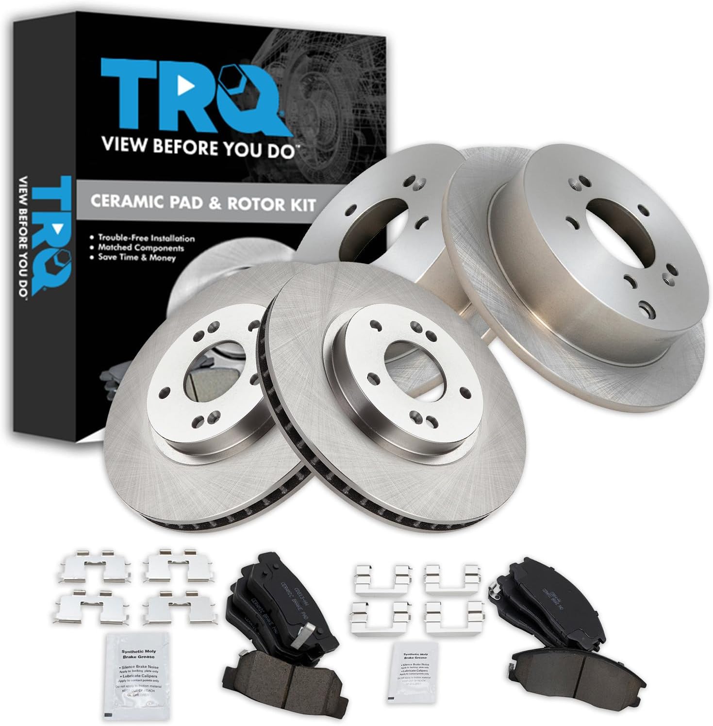 TRQ Front and Rear Brake Pad and Rotor Set Ceramic Vented Front Rotors 293mm Compatible with 2001-2006 Hyundai Santa Fe