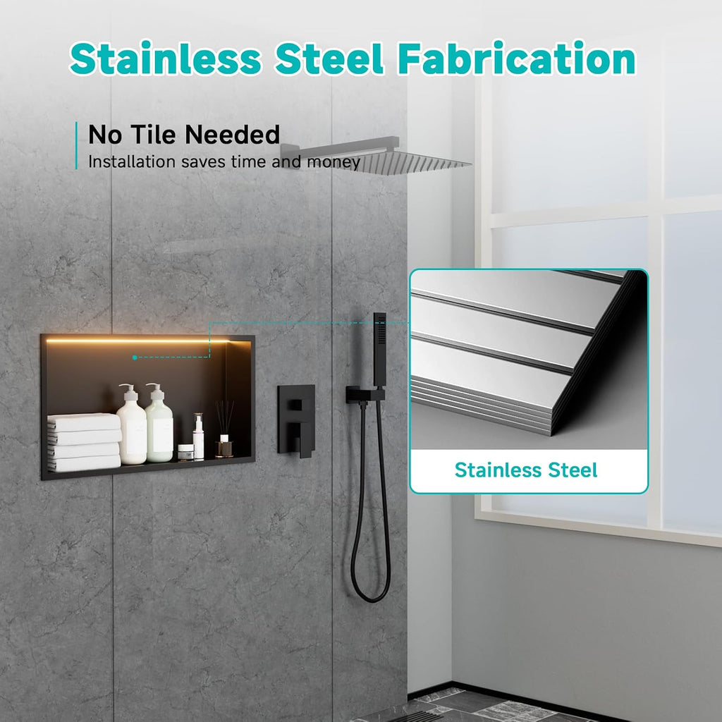 Stainless Steel 12'x24' LED Lights Shower Niche - No Tile Needed Recessed Wall Niche Waterproof for Walk in Shower Bathroom Storage, Matte Black