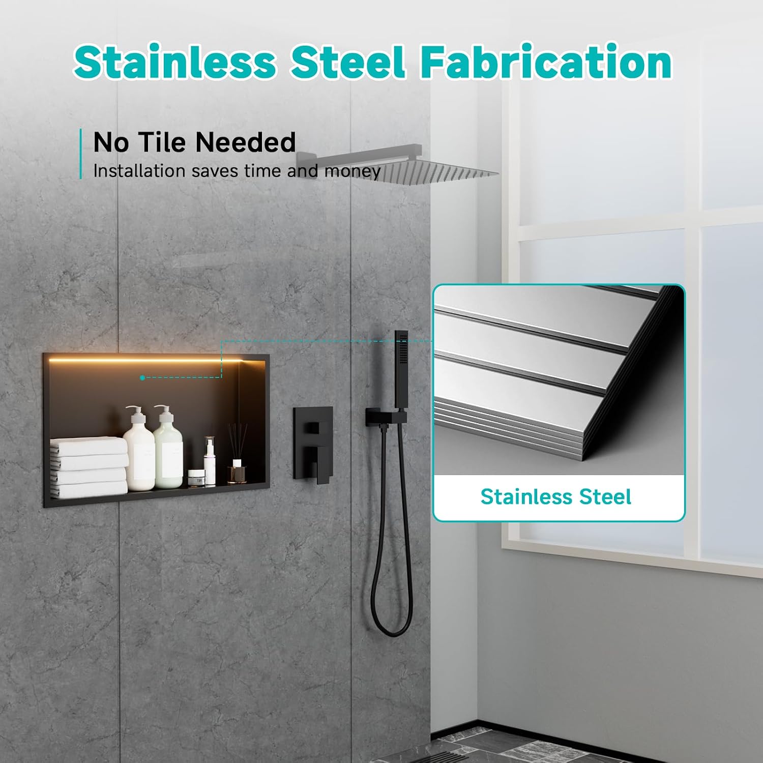 Stainless Steel 12'x24' LED Lights Shower Niche - No Tile Needed Recessed Wall Niche Waterproof for Walk in Shower Bathroom Storage, Matte Black