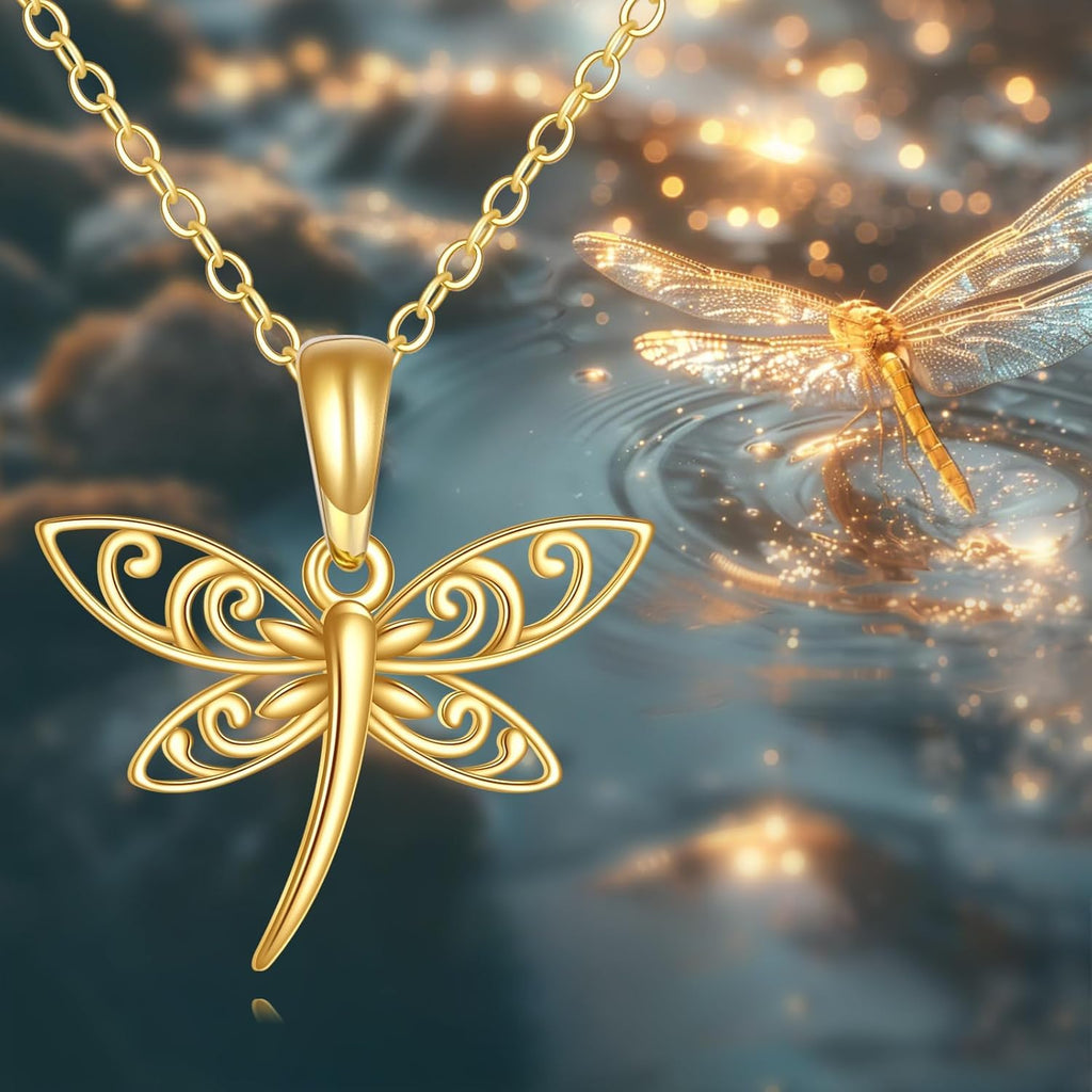 DOVRAN Real Solid Gold Birthstone Butterfly/Dragonfly/Bee/Hummingbird Necklace for Women Yellow Gold Animal Pendant for Christmas Dainty Jewelry Birthday Gifts for Mom Wife