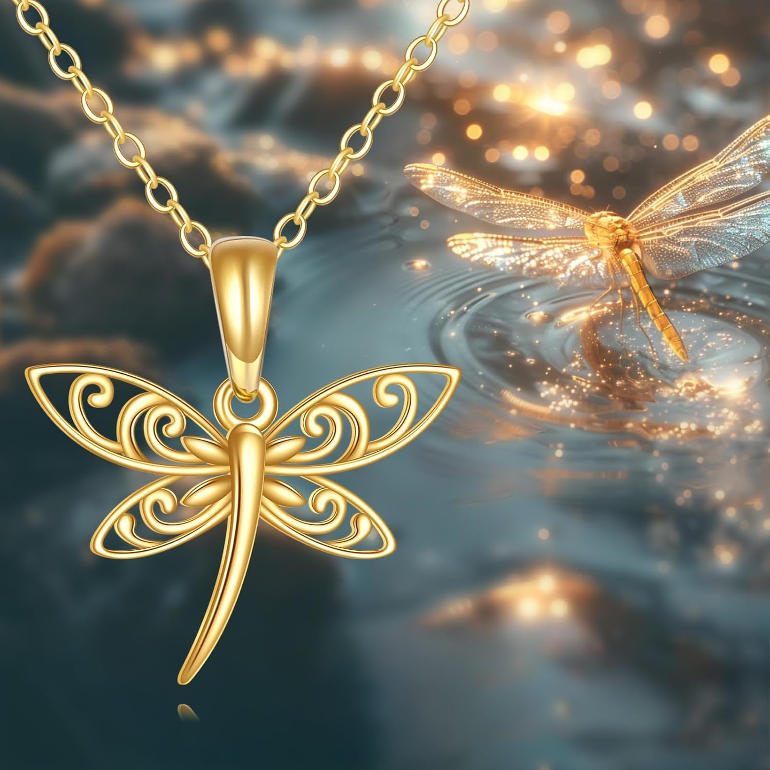 DOVRAN Real Solid Gold Birthstone Butterfly/Dragonfly/Bee/Hummingbird Necklace for Women Yellow Gold Animal Pendant for Christmas Dainty Jewelry Birthday Gifts for Mom Wife
