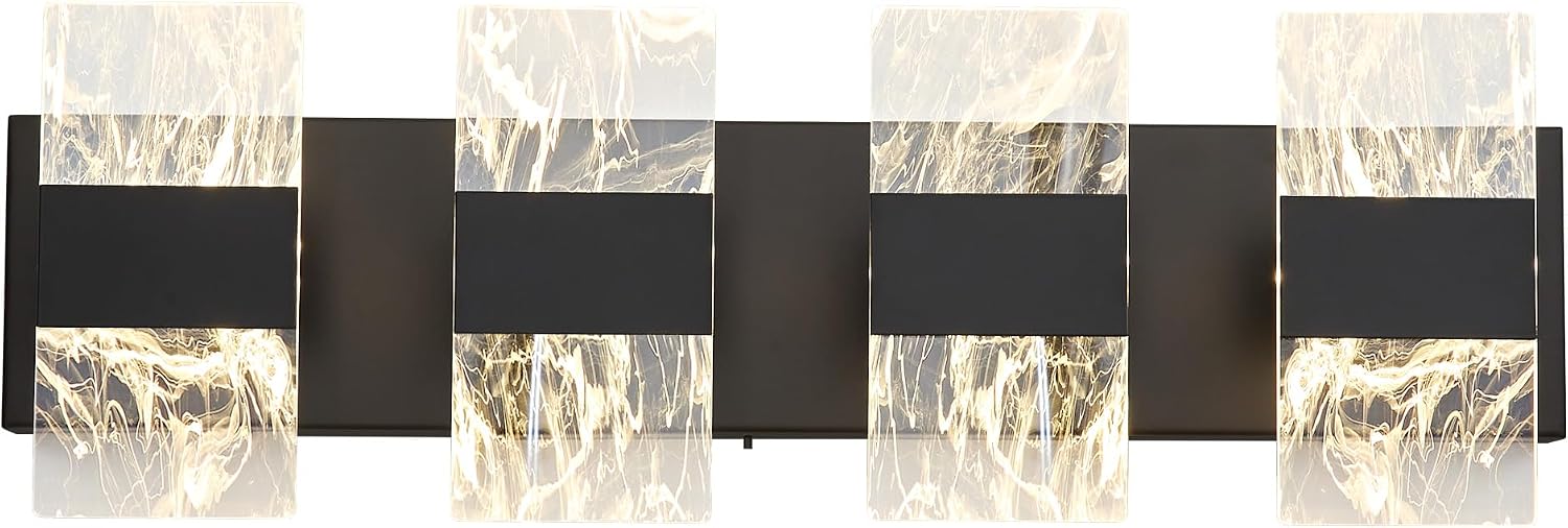 Modern LED Bathroom Light Fixtures Dimmable 4-Light Black Vanity Light, 5CCT Adjustable Lighting Fixture Vanity Lights Over Mirror, Smoked Acrylic LED Vanity Lights for Bathroom