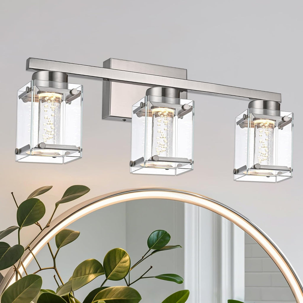 3 Light Bathroom Light fixtures in Brushed Nickel Finish LED Vanity Lights with Bubble Crystal Glass Modern Vanity Lighting fixtures Wall Mounted Lamp Over Mirror