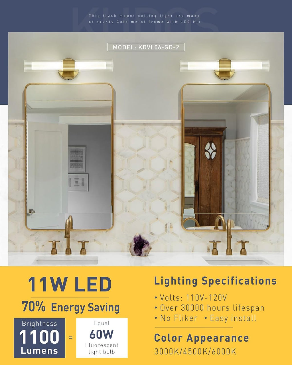 kudos Gold Modern Sconces Wall Lighting, 2Pc Wall Sconces with Clear Glass and Frosted Glass, Modern LED Vanity Light for Bathroom, 3000K/4500K/6000K Adjustable,KDVL06-GD-2-2PK