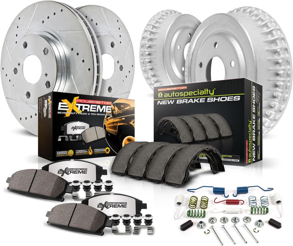 PowerStop Front & Rear Brake Kit + Drums For Toyota 4Runner 2001-02 | Toyota Tacoma 2004 - Truck & Tow Carbon Fiber Ceramic Brake Pads + Drilled & Slotted Rotors Upgrade, K15213DK-36
