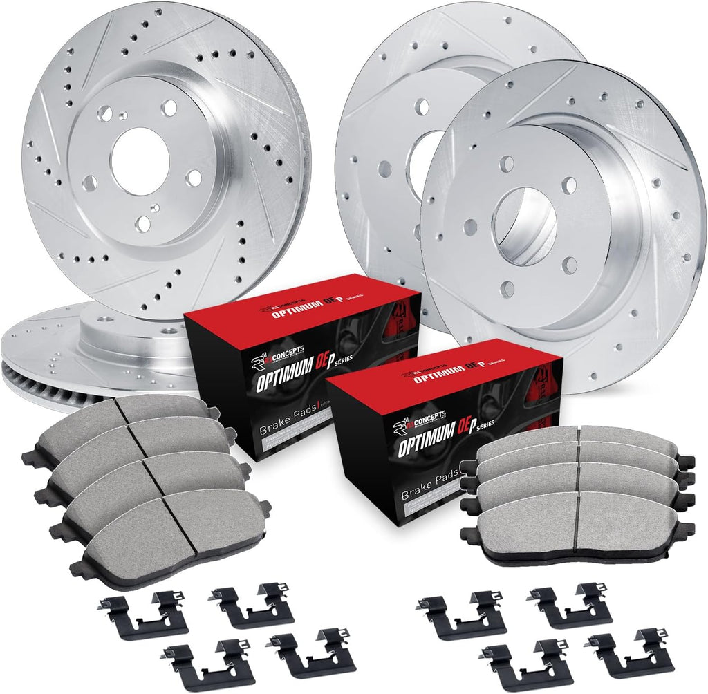R1 Concepts Front and Rear Brake Kit Fits 2018-2023 Hyundai Kona; 2021-2025 Kia Seltos| Optimum Oep Pads, Drilled Slotted Rotors| Hardware| 12.0' Front & 11.2' Rear