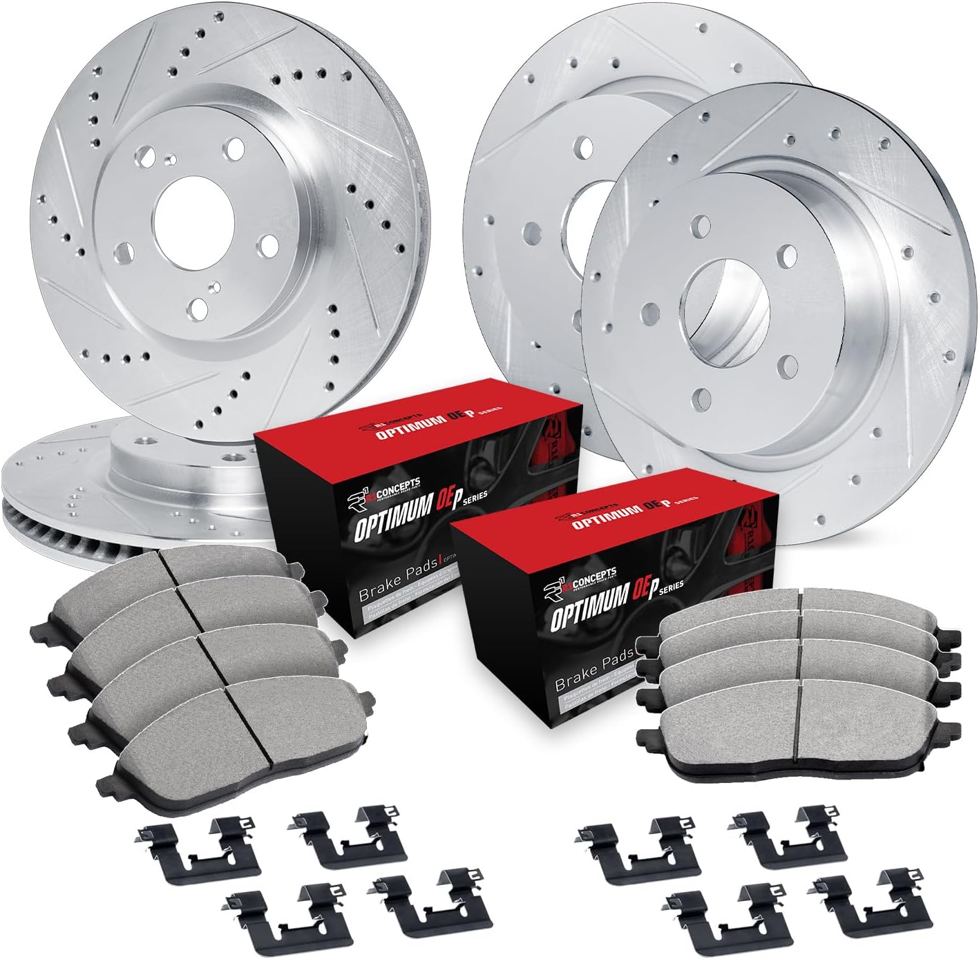 R1 Concepts Front and Rear Brake Kit Fits 2018-2023 Hyundai Kona; 2021-2025 Kia Seltos| Optimum Oep Pads, Drilled Slotted Rotors| Hardware| 12.0' Front & 11.2' Rear