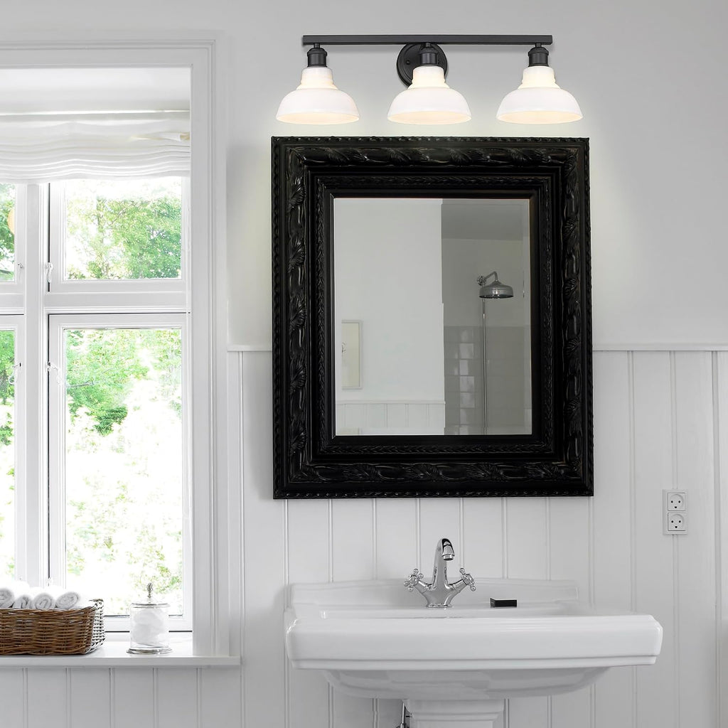 Golden Lighting Yep Carver 3-Light Vanity in Matte Black and Vintage Milk Glass