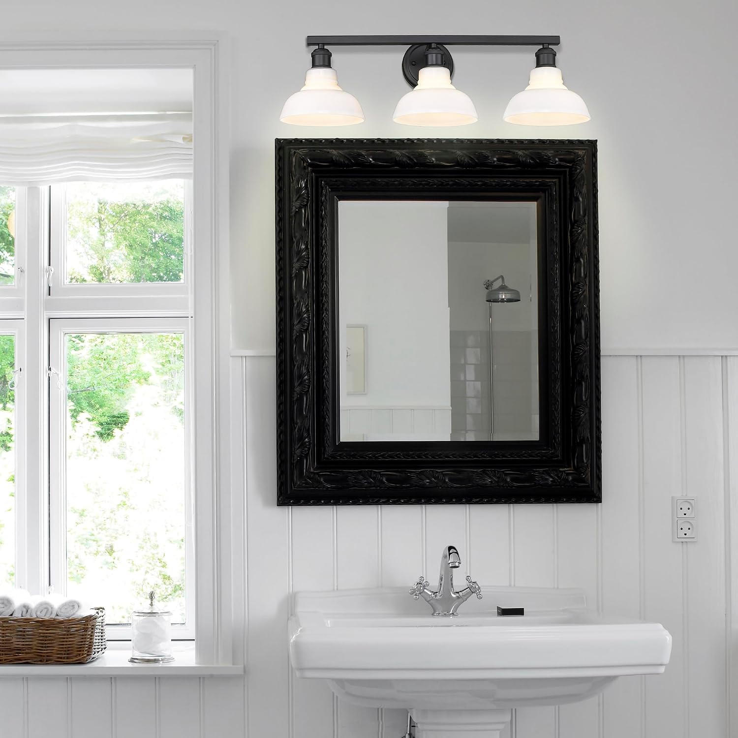Golden Lighting Yep Carver 3-Light Vanity in Matte Black and Vintage Milk Glass