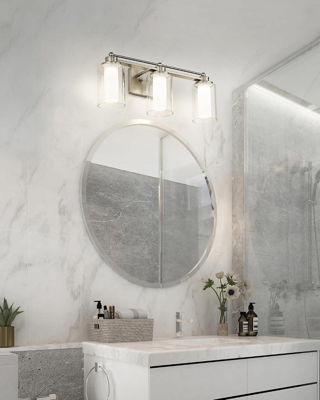 Modern Bathroom Light Fixtures, HWH Brushed Nickel Vanity Lights for Bathroom, Wall Light Fixtures Clear Glass, LED Vanity Lights 5CCT Dimmable 18W, 5HLT63B-3W-LED BN