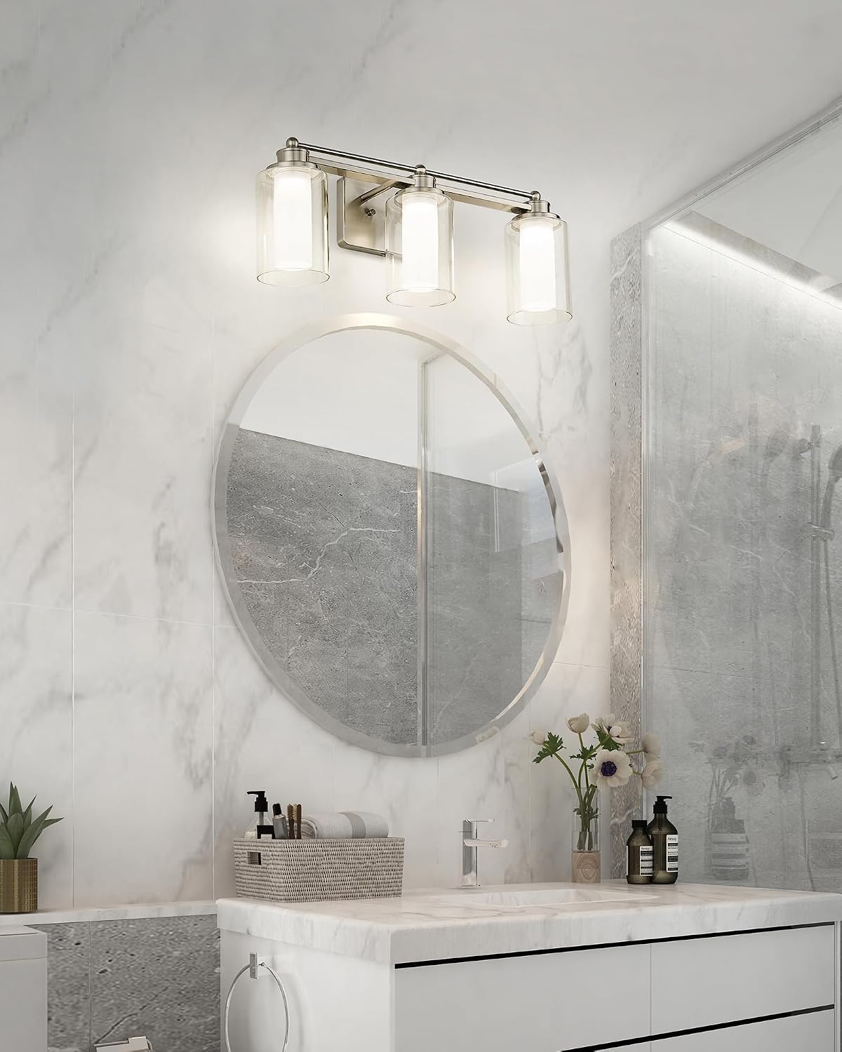 Modern Bathroom Light Fixtures, HWH Brushed Nickel Vanity Lights for Bathroom, Wall Light Fixtures Clear Glass, LED Vanity Lights 5CCT Dimmable 18W, 5HLT63B-3W-LED BN