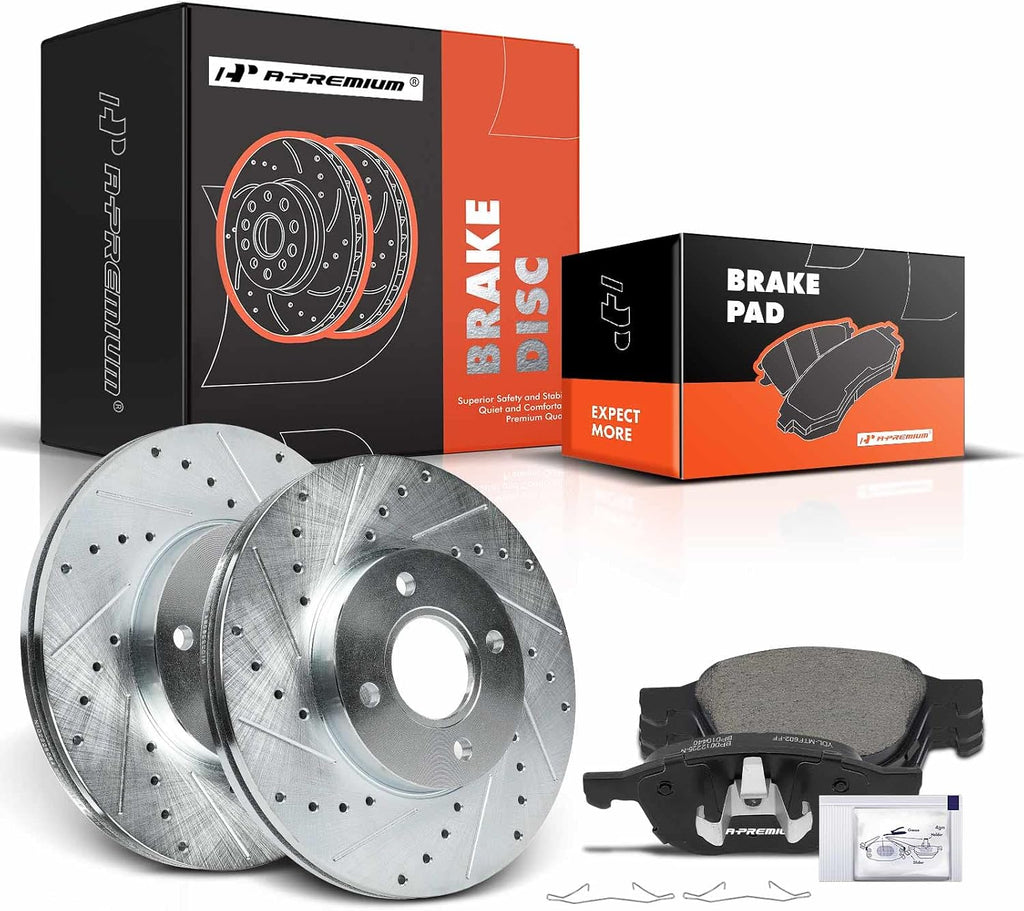 A-Premium 10.95 inch (278mm) Front Drilled and Slotted Disc Brake Rotors + Ceramic Pads Kit Compatible with Select Ford Models - Focus 2005 2006 2007, 6-PC Set