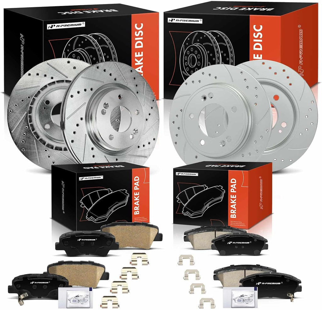 A-Premium Front and Rear Drilled and Slotted Disc Brake Rotors + Ceramic Pads Kit Compatible with Select Hyundai Models - Elantra 2017 2018 2019 2020, 12-PC Set
