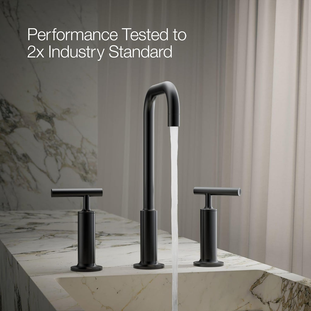 KOHLER K-14408-4-BL Purist® Widespread Bathroom Sink Faucet, 3-Hole, Widespread High Lever Handles and High Gooseneck Spout, 1.2 GPM, Matte Black