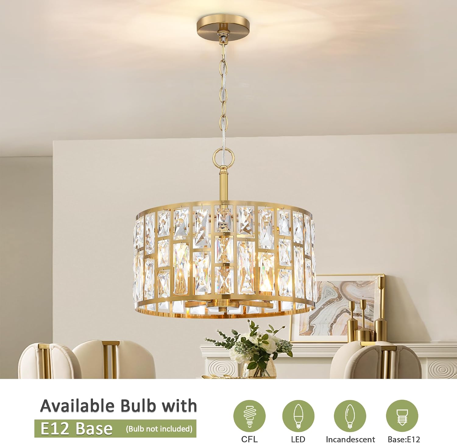 MEXO Farmhouse Crystal Convertible Chandelier and Semi Flush Mount Lighting Gold Cylinder Drum Shade Pendant for Kitchen Island Dining Room Bedroom Hallway