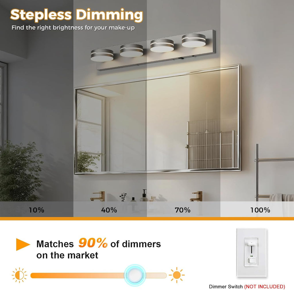 26' Motion Sensor Vanity Light Brushed Nickel, 3CCT 4-Light Modern LED Bathroom Lighting Fixtures Over Mirror, Dimmable Rotatable Head Wall Sconce, 3000K-6000K Color Selectable