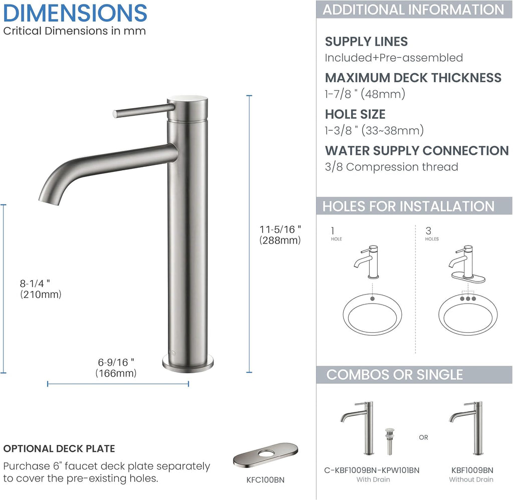 KIBI Solid Brass Single Handle Single Hole Circular Faucet for Bathroom Sink with Pop Up Drain | High Arc Faucet Spout Design | Corrosion and Rust Resistant (Brushed Nickel, KBF1009)