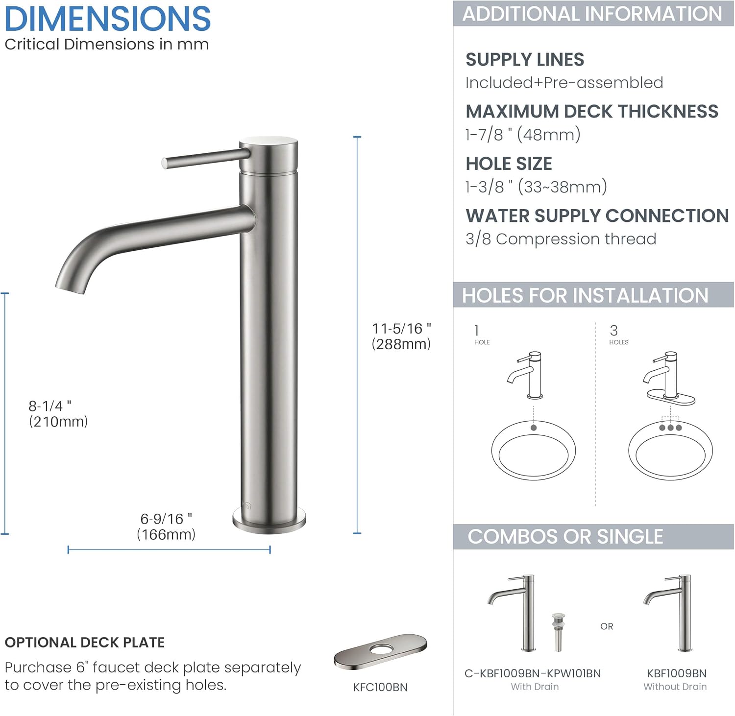 KIBI Solid Brass Single Handle Single Hole Circular Faucet for Bathroom Sink with Pop Up Drain | High Arc Faucet Spout Design | Corrosion and Rust Resistant (Brushed Nickel, KBF1009)