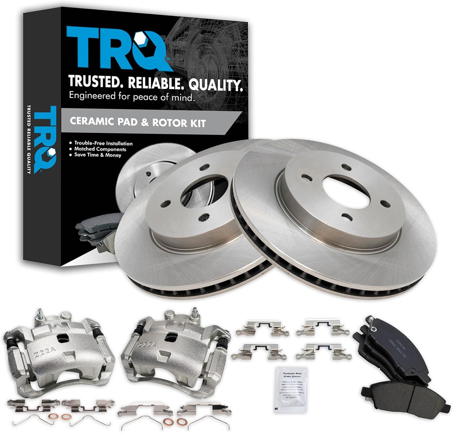 TRQ Front Ceramic Brake Pad and Rotor Set Includes Calipers Compatible with 2012-2018 Nissan Versa 2014-2018 Nissan Versa Note