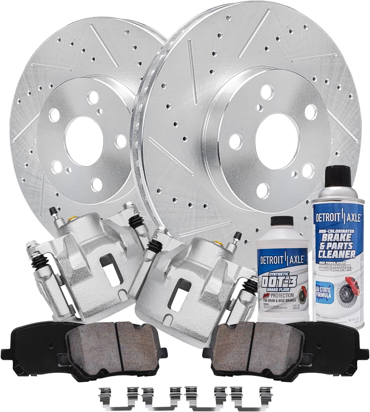 Detroit Axle - Front Brake Kit for 03-08 Toyota Corolla Matrix Pontiac Vibe, Drilled & Slotted Brake Rotors Ceramic Brake Pads Brake Calipers 2003 2004 2005 2006 2007 2008 Replacement