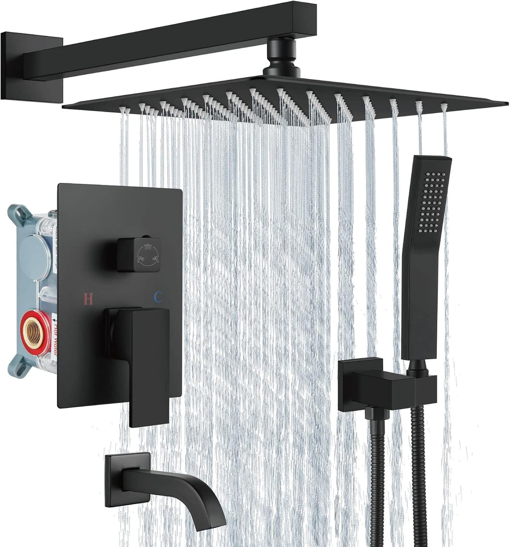 Aolemi Rainfall Shower System Shower Head Combo Set with Tub Filler Handheld Shower Luxury Rough-in Valve Included Wall Mount Bathroom Shower Mixer Faucet 10 Inch Shower Head Matte Black