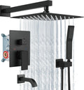 Aolemi Rainfall Shower System Shower Head Combo Set with Tub Filler Handheld Shower Luxury Rough-in Valve Included Wall Mount Bathroom Shower Mixer Faucet 10 Inch Shower Head Matte Black