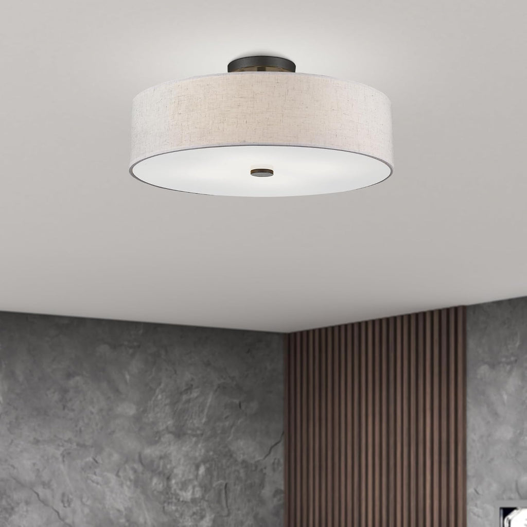 Livex Lighting 52136-92 Meridian Collection 4-Light Transitional Ceiling Mount Fixture with Oatmeal Color Fabric Hardback Shade, English Bronze