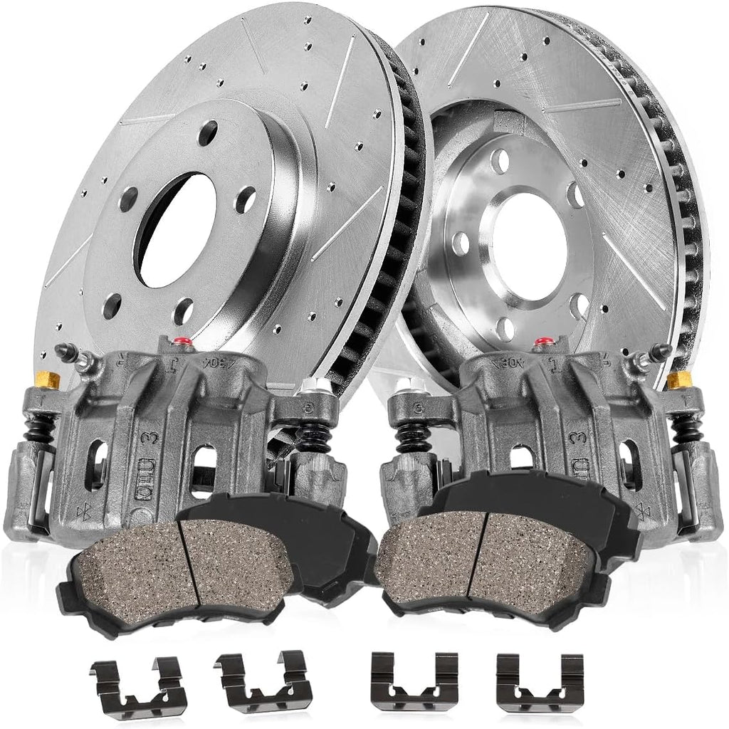 Callahan Brake Parts Front Brake Kit For Ford F-250 Super Duty 2009-11 | Ford F-350 Super Duty 2010-11 - Drilled & Slotted Disc Rotors with Ceramic Brake Pads + OE Calipers, EBYK024153