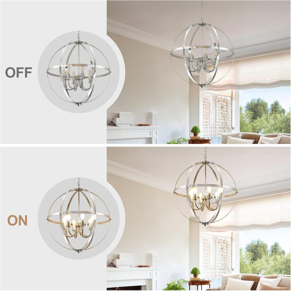 DLLT 6-Light Chrome Globe Pendant Light Fixtures, Industrial Sphere Pendant Lighting Over Island for Dining Room Foyer