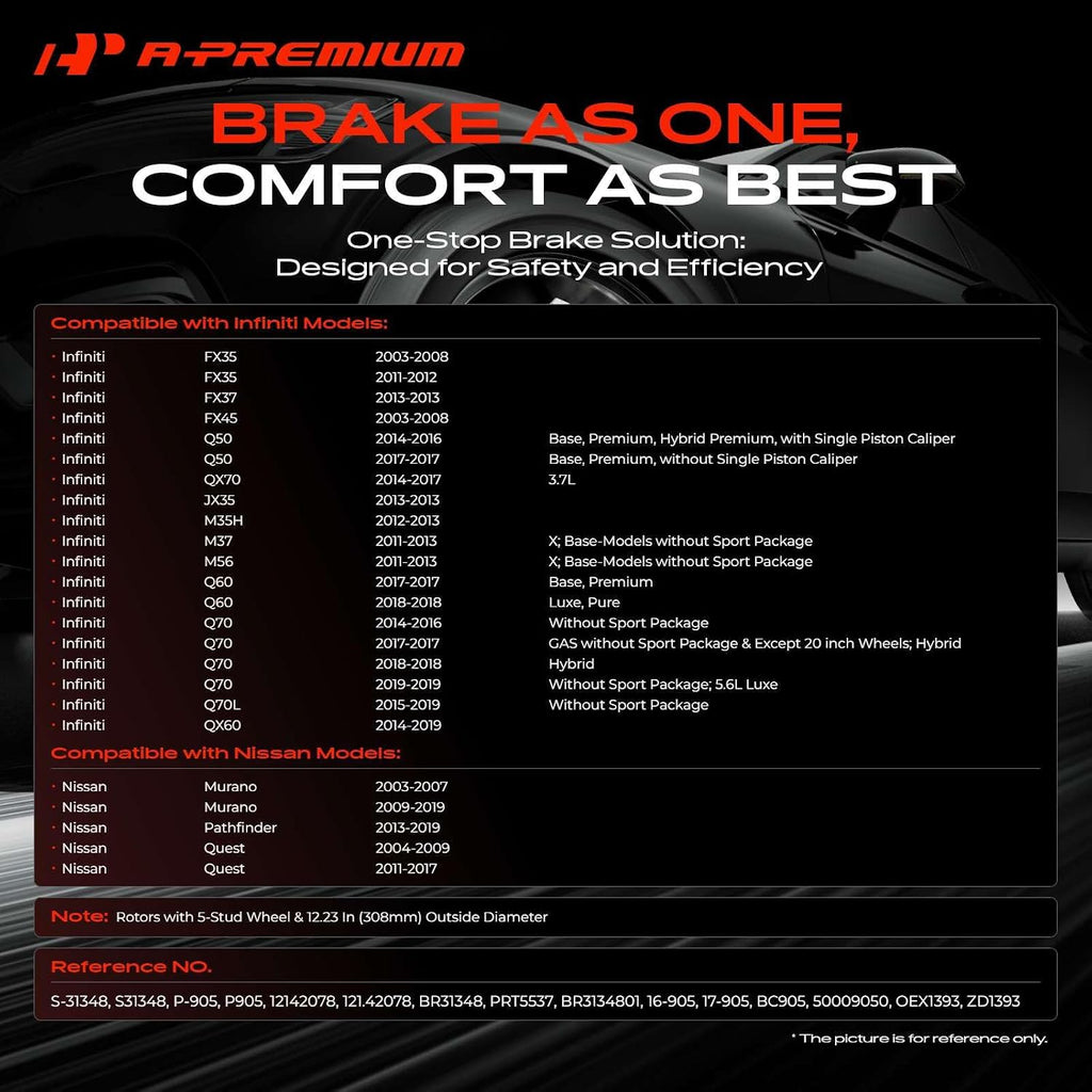 A-Premium 12.13 inch (308.10mm) Rear Drilled and Slotted Disc Brake Rotors + Ceramic Pads Kit Compatible with Select Infiniti and Nissan Models - FX35, Q50, QX70, JX35, M35H, M37, M56, Q60, Murano