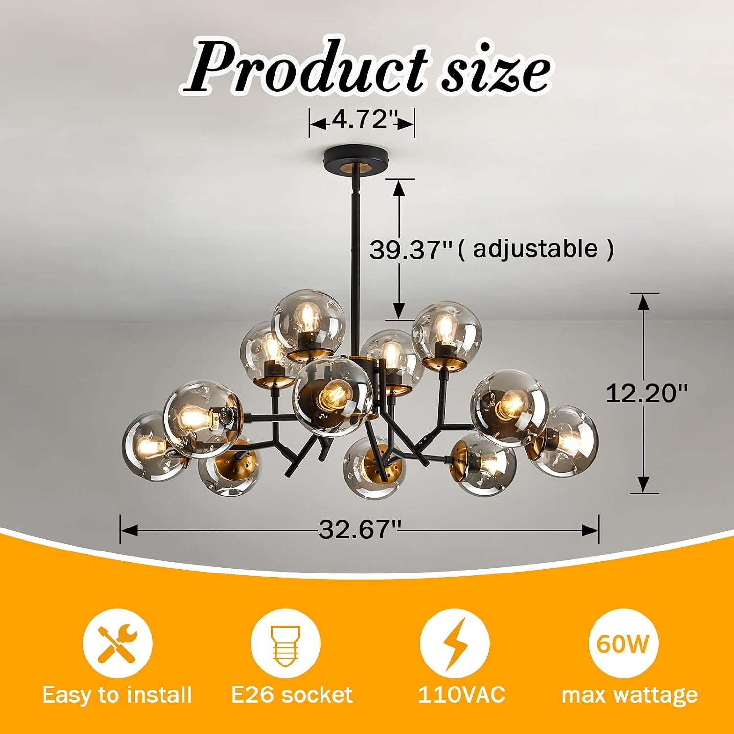 UOFUS 12-Light Glass Globe Sputnik Chandelier Mid-Century Modern Matte Black and Gold Ceiling Light Fixture Vintage Hanging Pendant Light for Bedroom Living Room Kitchen Farmhouse Dining Room