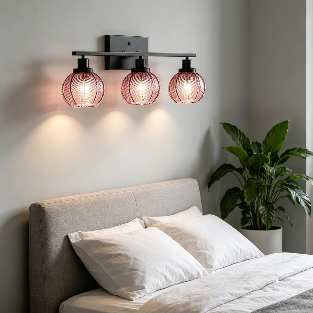 3-Light Pink Globe Bathroom Vanity Light Vintage Wall Sconce | 3-Light Vanity Light, Pink Ribbed Globe Glass Shades, E26, Soft Glow Mirror Lighting For Master Bath, Powder Room, Bathroom