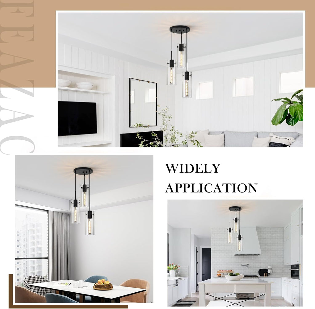 Modern Cluster Pendant Lights, Black Cluster Chandelier with Clear Ribbed Glass, 3 Light Pendant Lighting for Kitchen Island, Staircase, Dining Room, Living Room