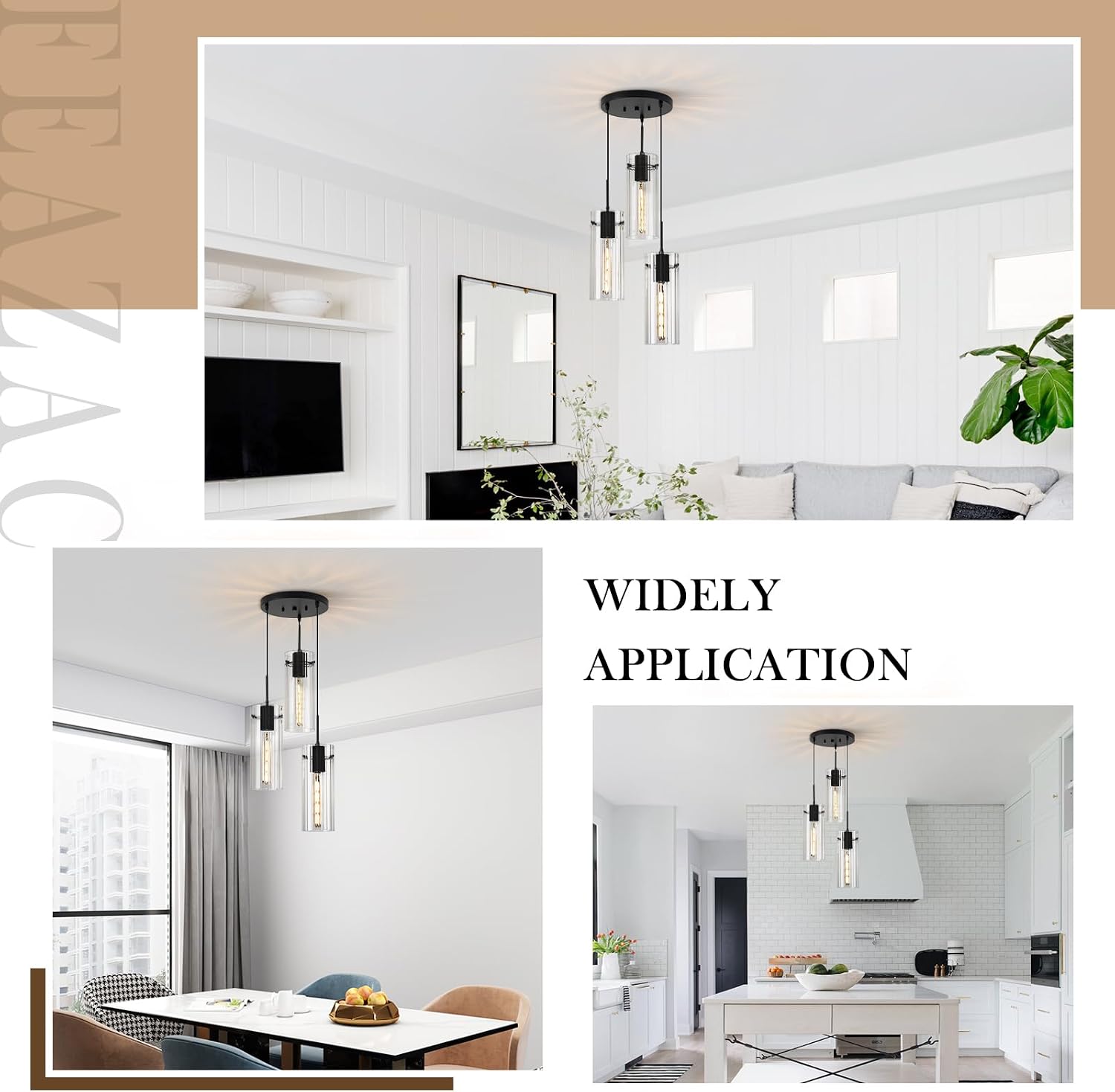 Modern Cluster Pendant Lights, Black Cluster Chandelier with Clear Ribbed Glass, 3 Light Pendant Lighting for Kitchen Island, Staircase, Dining Room, Living Room