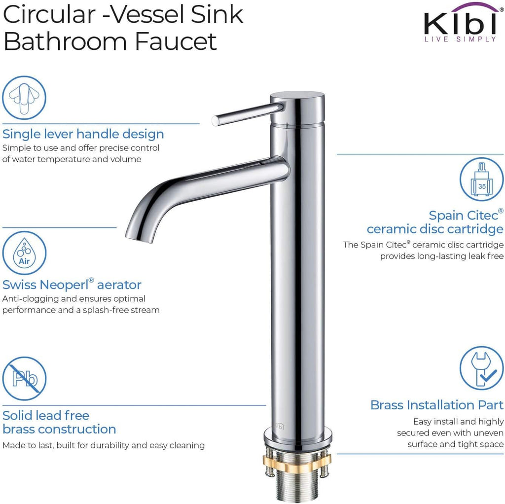 KIBI KBF1009 Solid Brass Single Handle Single Hole Circular Faucet for Bathroom Sink with Pop Up Drain | High Arc Faucet Spout Design | Rust and Corrosion Resistant | Chrome Finish