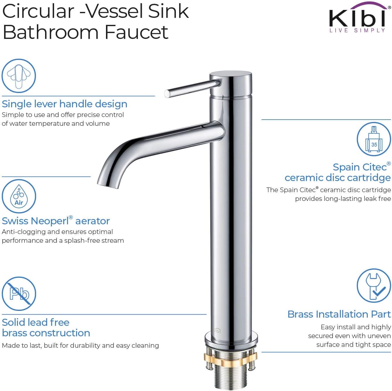 KIBI KBF1009 Solid Brass Single Handle Single Hole Circular Faucet for Bathroom Sink with Pop Up Drain | High Arc Faucet Spout Design | Rust and Corrosion Resistant | Chrome Finish