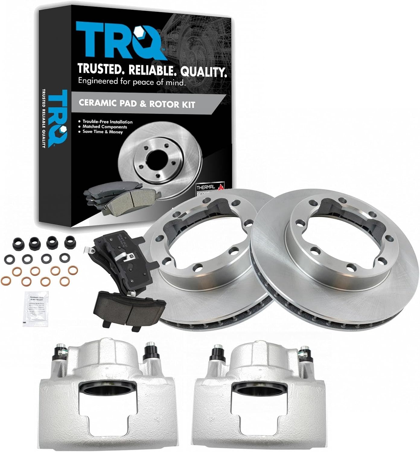 TRQ Front Brake Pad and Rotor Set Ceramic Vented Rotors Calipers Compatible with 1988-2000 Chevrolet GMC K3500 1989-2000 K2500 1992-1999 K2500 Suburban 1995-1999 K1500 Suburban