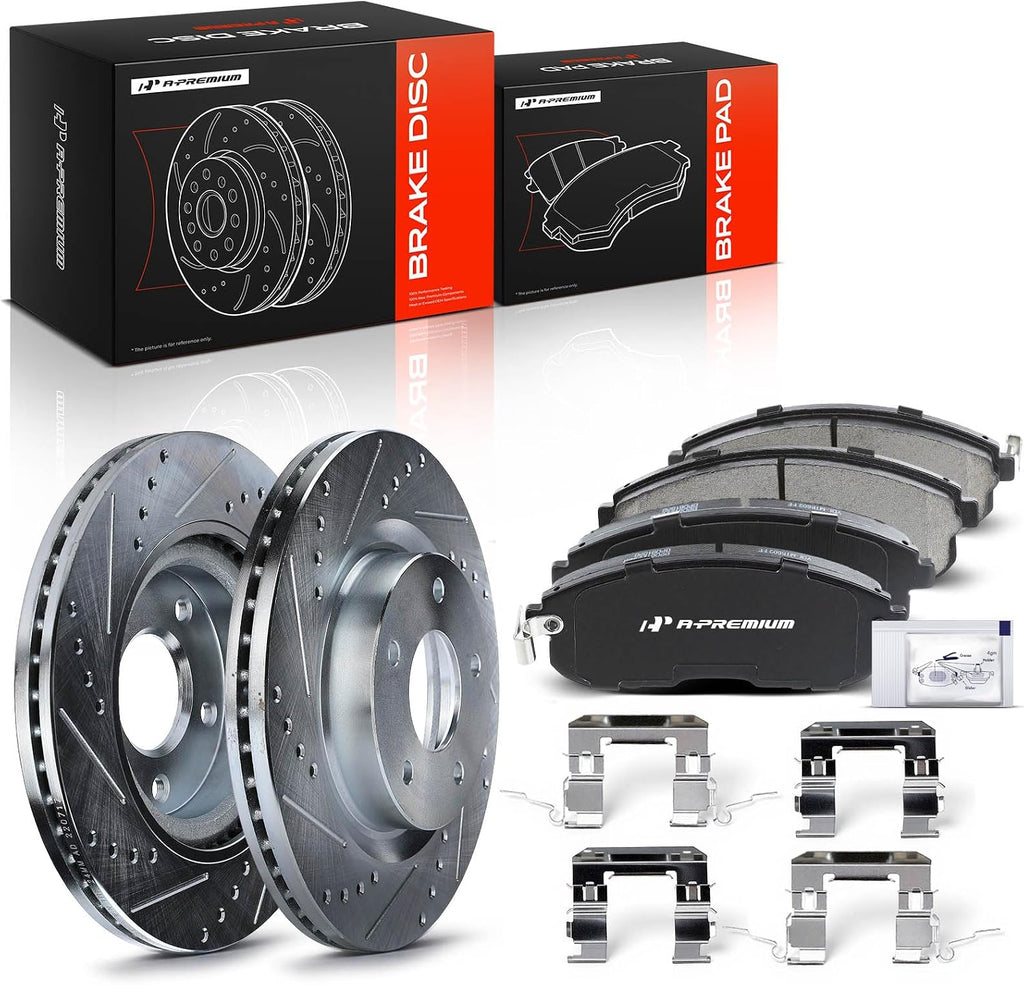 A-Premium 11.65 inch(295.91 mm) Front Drilled and Slotted Disc Brake Rotors + Ceramic Pads Kit Compatible with Select Nissan Models - Altima 2007 2008 2009 2010 2011 2012 2013, 6-PC Set