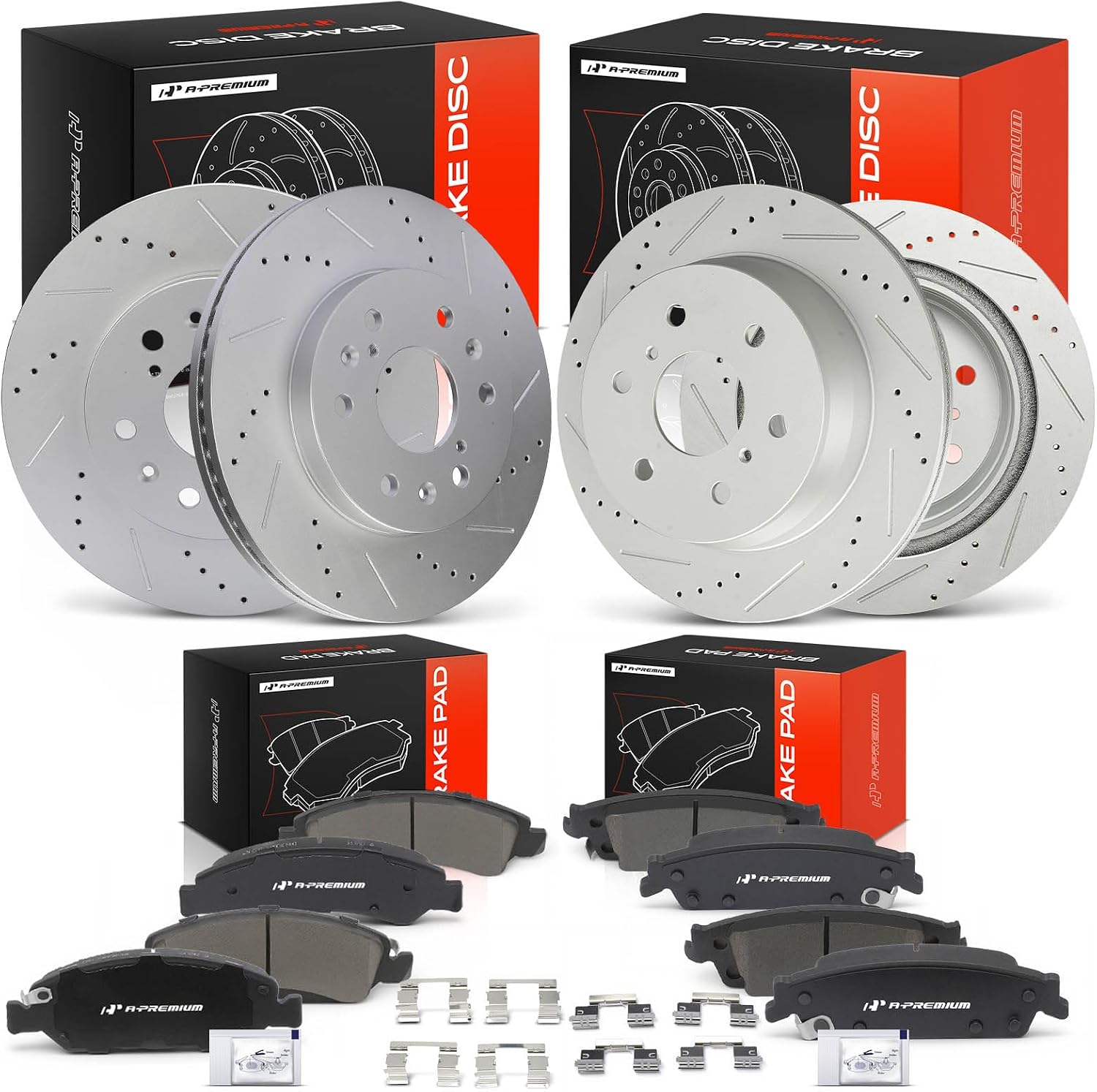 A-Premium Front & Rear Drilled and Slotted Disc Brake Rotors + Ceramic Pads Kit Compatible with Select Chevy, GMC and Cadillac Models - Yukon/Escalade/Suburban/Tahoe 15-20, Silverado/Sierra 1500 04-08