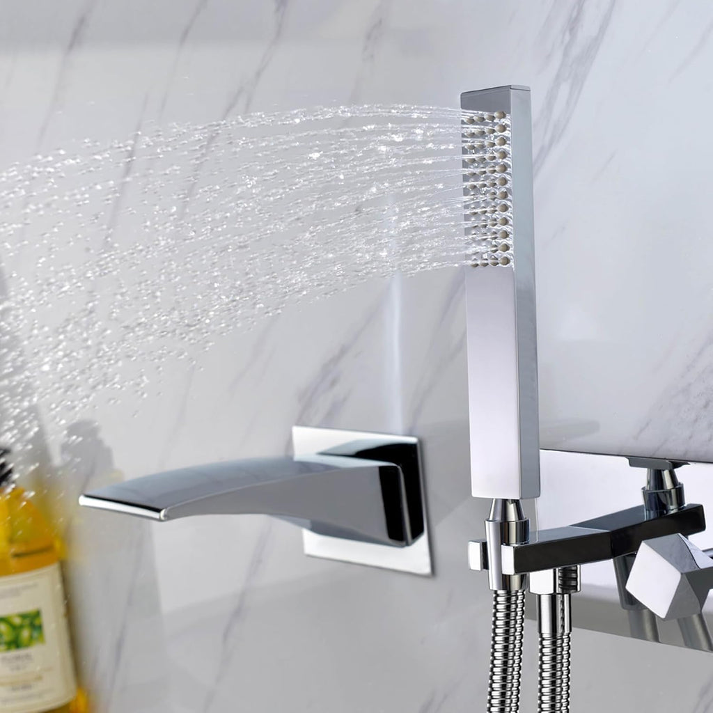 SUMERAIN Wall Mount Tub Faucets, Waterfall Tub Filler Spout with Hand Shower