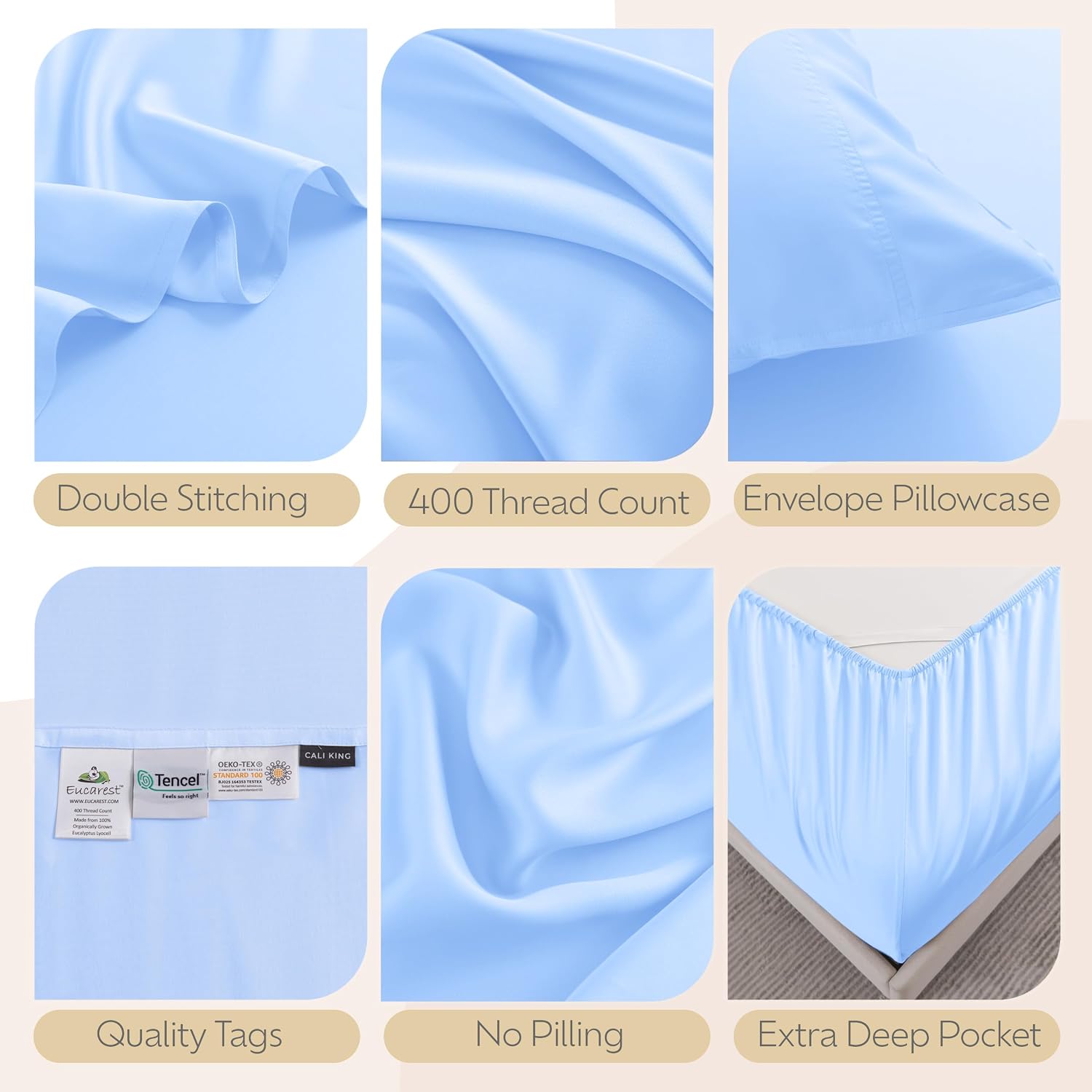 100% Eucalyptus Tencel Bed Sheets | California King | Organic | Ultra Soft | Cooling for Hot Sleepers | Hypoallergenic | Thermal Regulating | Deep Pocket | Fits 18' Mattress - Baby Blue