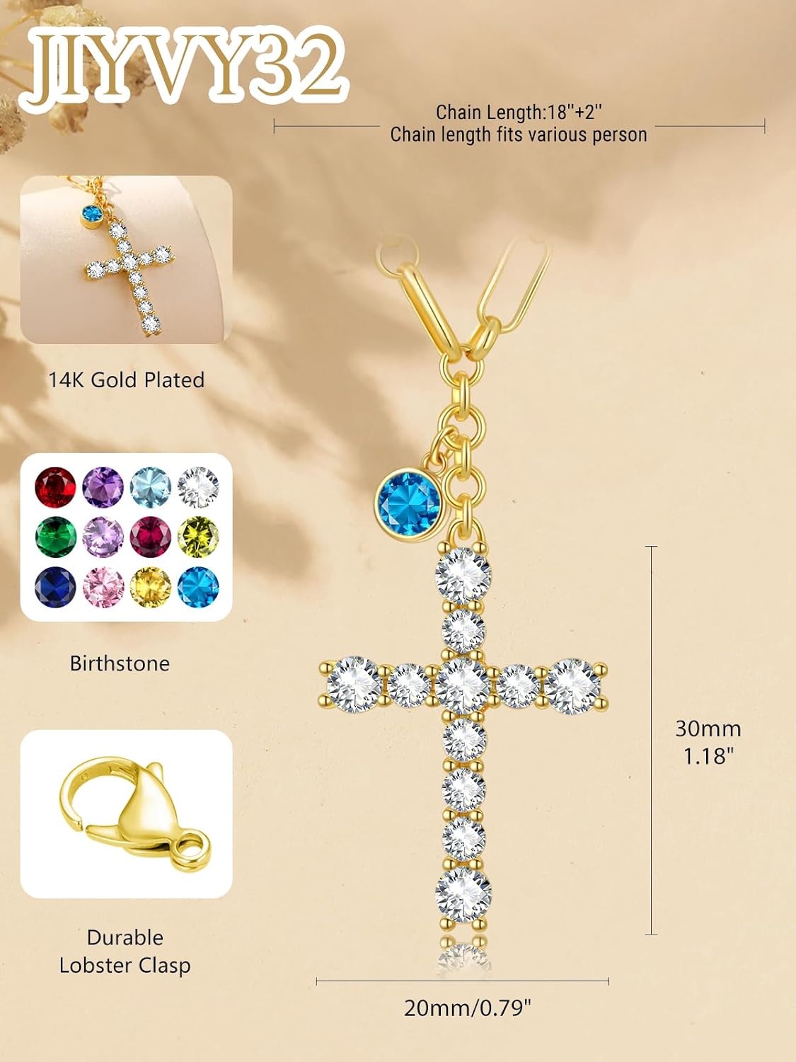 Cross Necklace for Women 14K Gold Birthstone Anniversary Birthday Gift for Wife Mom Protection Christian Jewelry Adjustable Chain