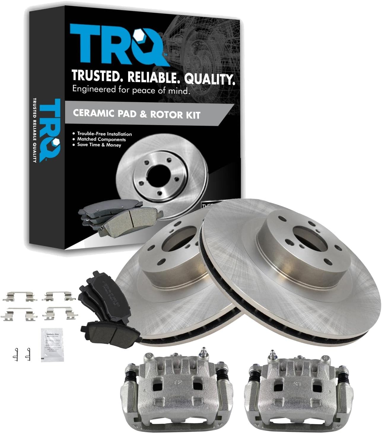 TRQ Front Brake Pad and Rotor Set Ceramic Vented Rotors Calipers Compatible with 2003 Subaru Impreza 2002 Legacy