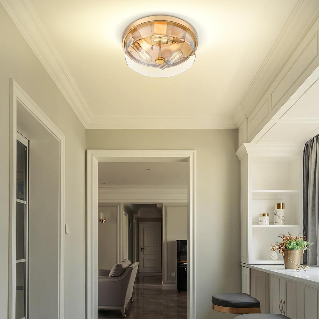 Gold Flush Mount Ceiling Light, 3-Light Hallway Light Fixtures, Modern Farmhouse Farmhouse Ceiling Light Clear Glass Brushed Gold Finish for Kitchen Porch Entryway