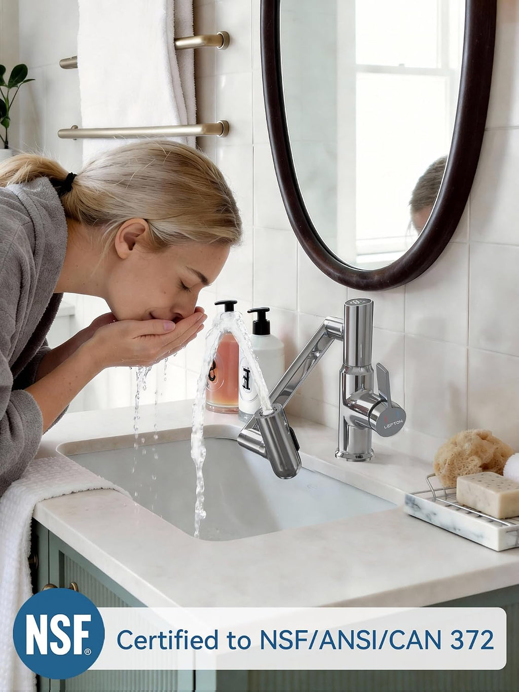 Lefton Rotatable Bathroom Faucet with Temperature Display in Fahrenheit (Batteries-Free), 3 Water Modes, Chrome, BF2204-1
