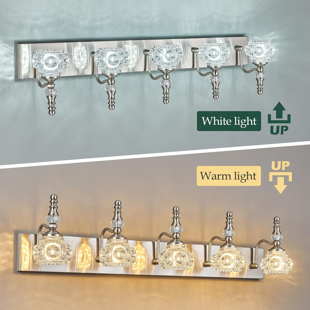 Modern Glass Crystal Vanity Light - Vintage Bathroom Lighting Fixtures Over Mirror, 5 Light Vanity Lights G9 Bulb (35.43 Inch, Nickel)