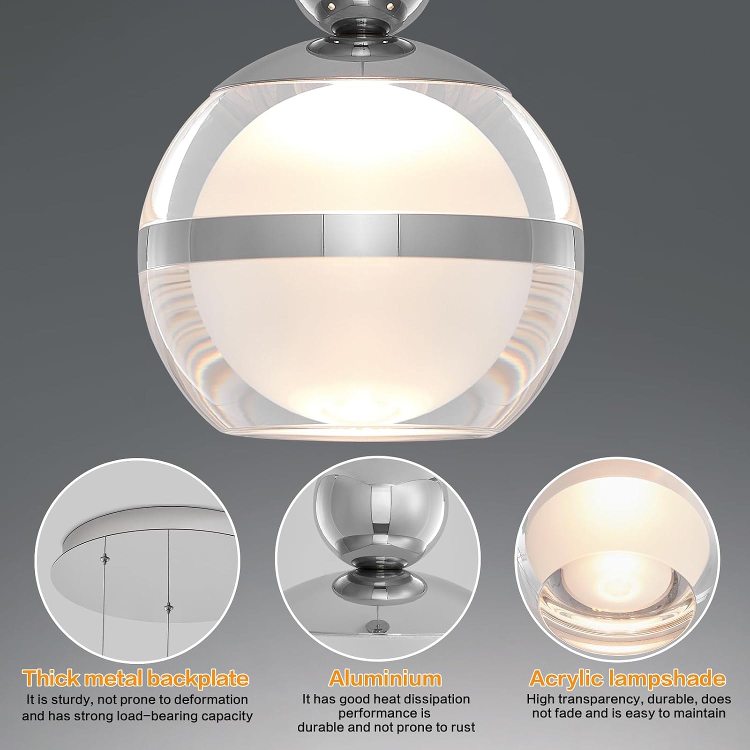 Cluster Acrylic Pendant Lighting, 3 Light Chrome Globe LED Hanging Pendant Light Fixtures with Dimmable, Modern Pendant Lights Kitchen Island for Dining Room Living Room Bedroom Stairs